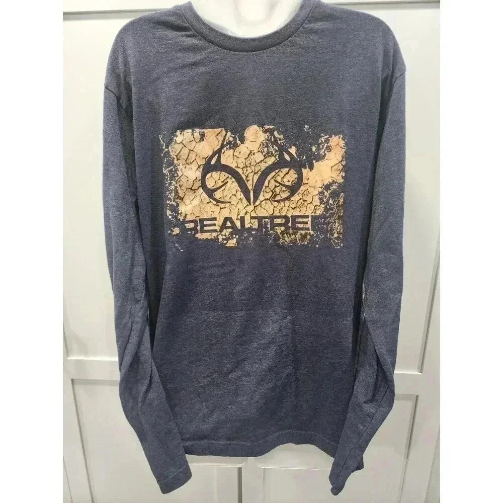 Realtree Men's Long Sleeve Classic Logo T-Shirt Navy Blue And Brown Size Large
